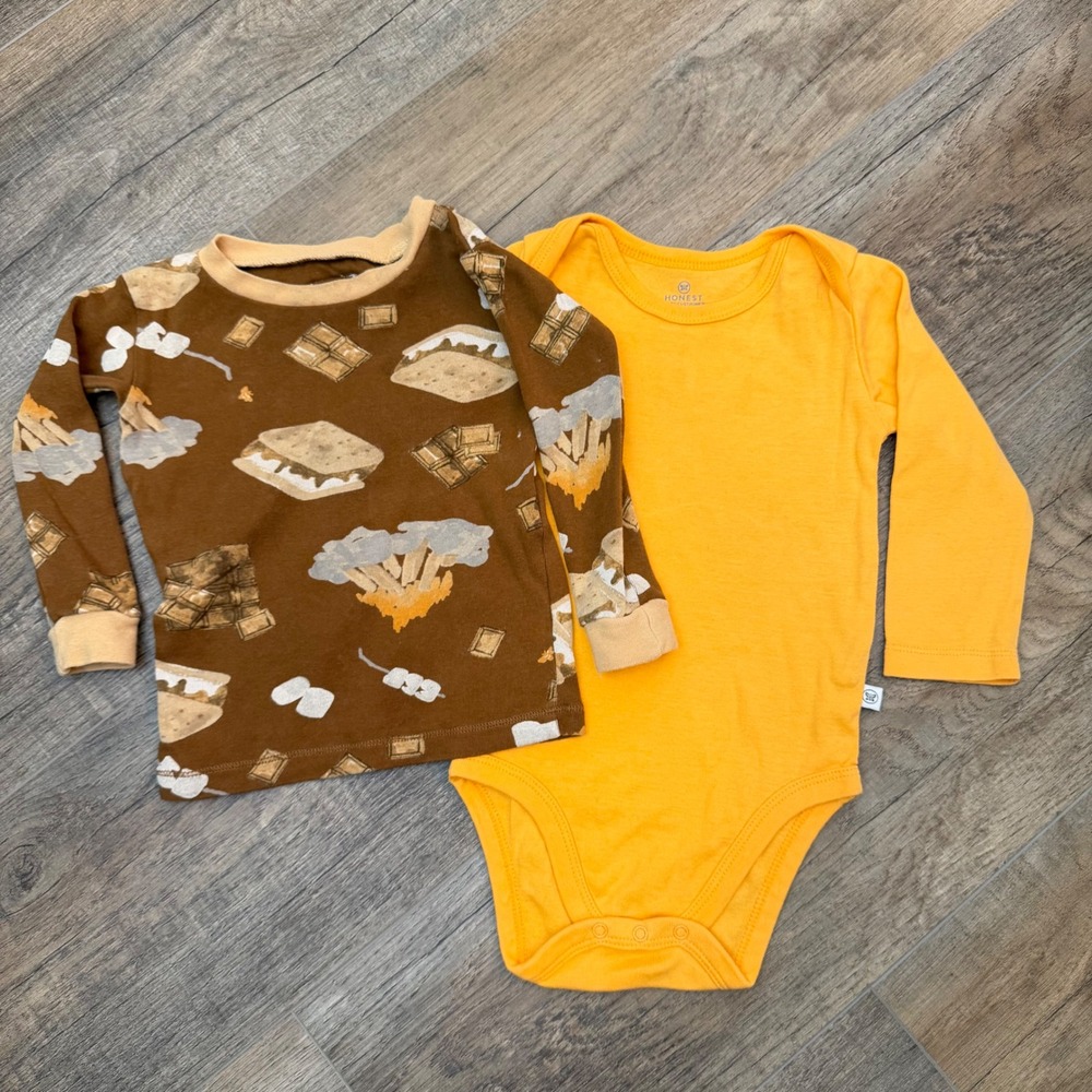 Burt's Bees Smores Pajama Top & Honest Baby Yellow Bodysuit 12M Organic Cotton